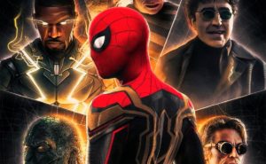 Homem-aranha ao centro com diversos vilões do filme